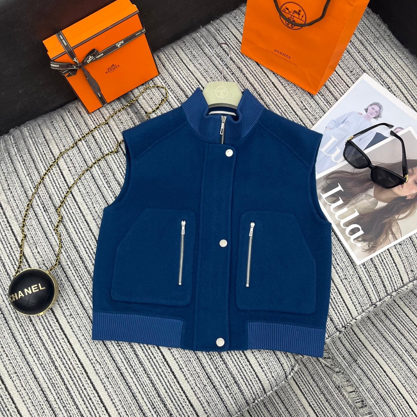HM Stand-Up Collar Double-Faced Cashmere Blue Vest