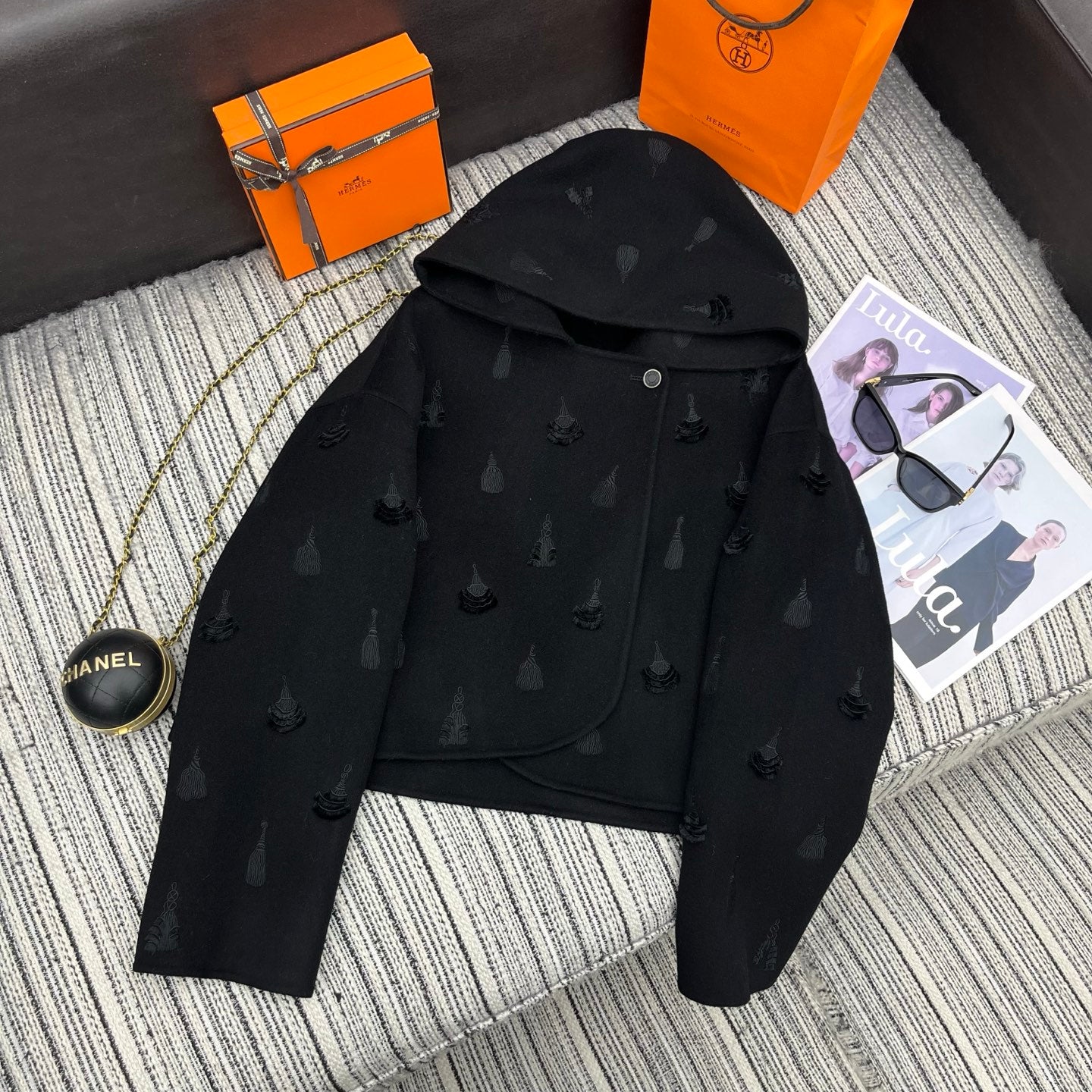 HM 25FW Hooded Double-faced Black Cashmere Short Coat