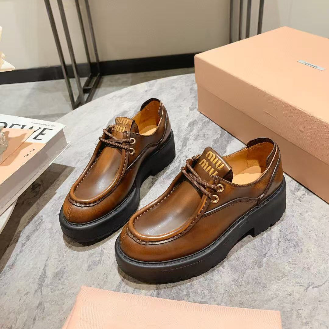 Miu Laced Smoked Sienna Cowhide Loafers