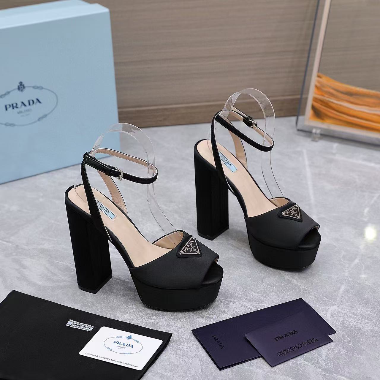 Prada Platform Slingback Sandals 15cm High Heel Black Cowhide