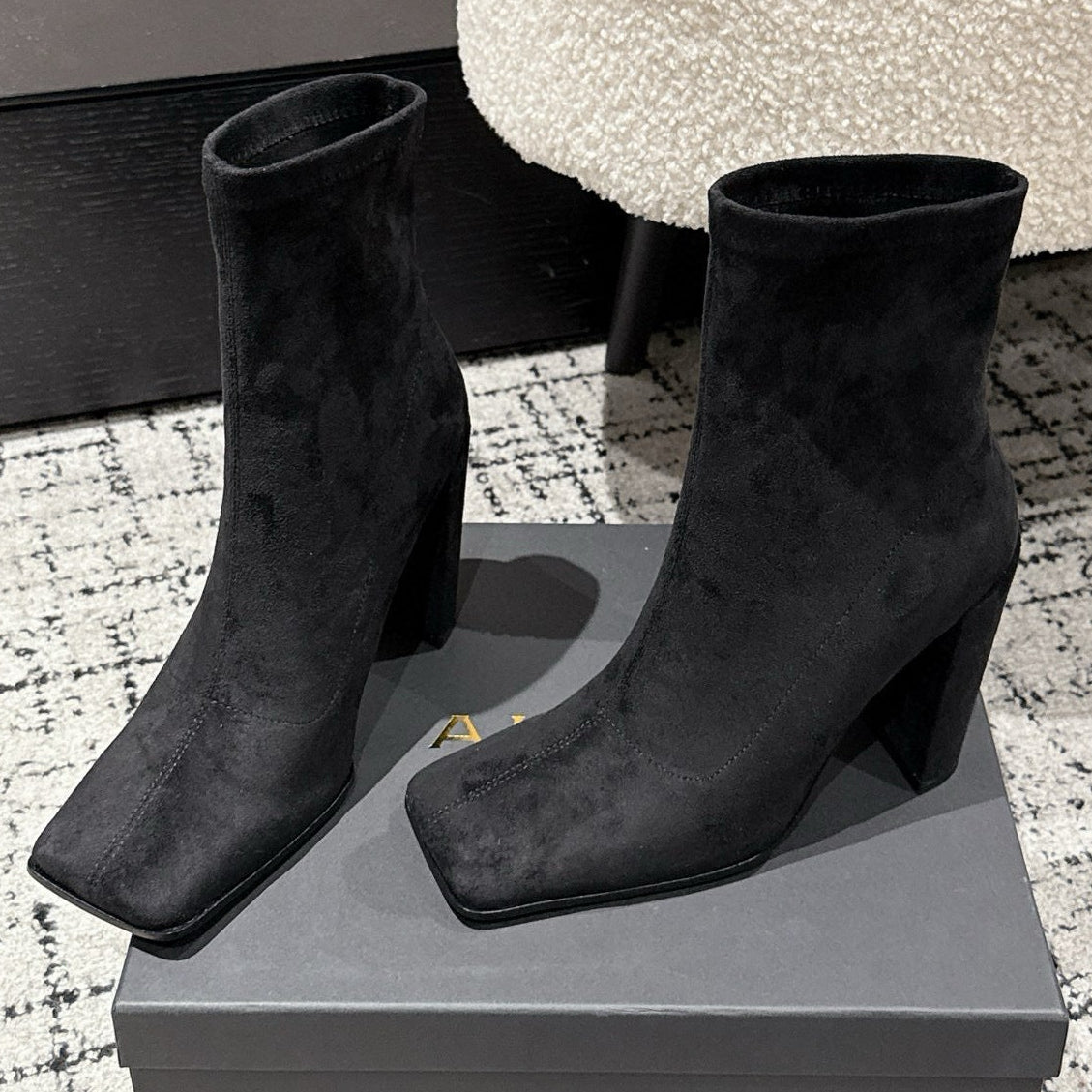 Alaia 2025 Square Toe High Heeled Ankle Boot Black Suede 558668
