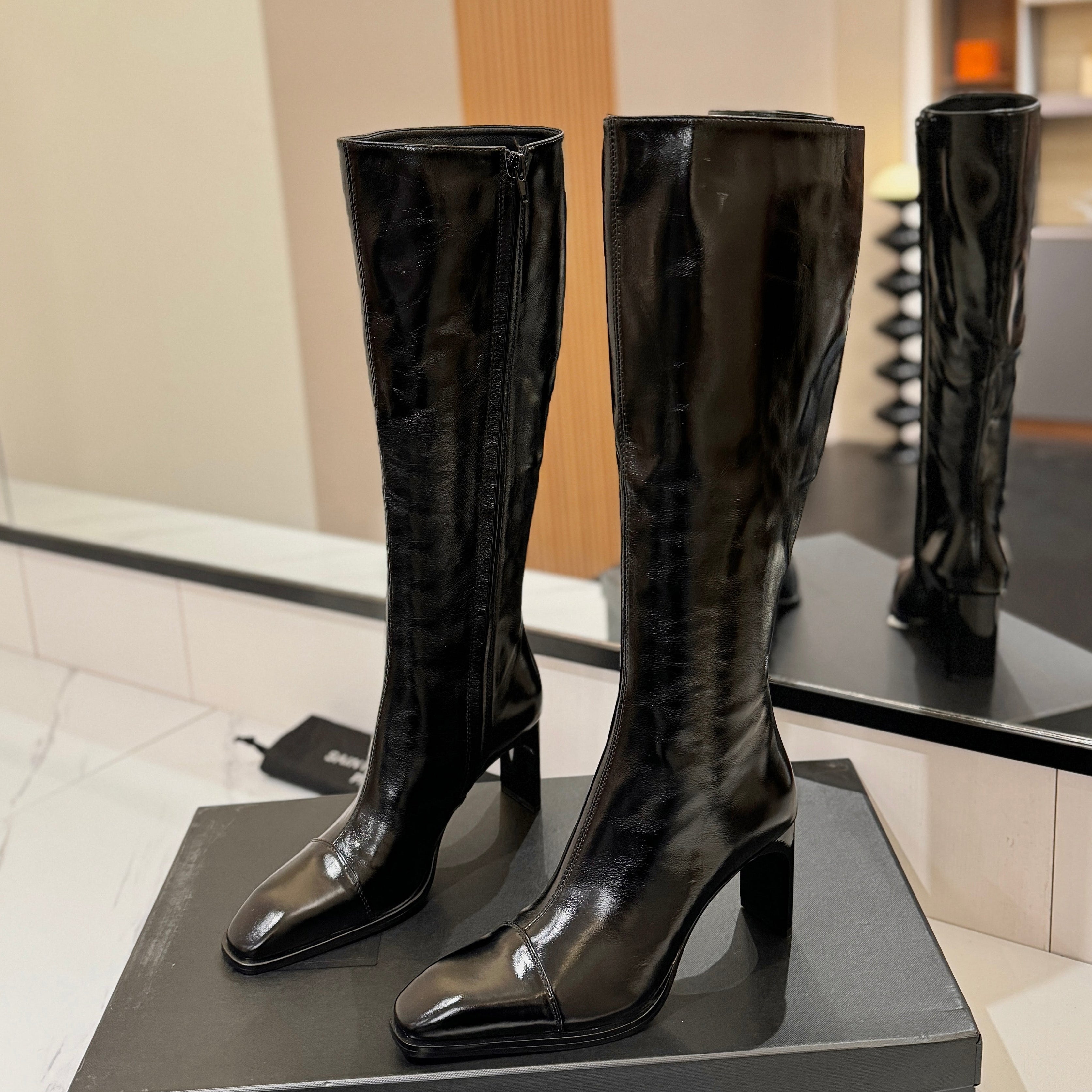 YSL 25 Zipper Sleeve Boot Black Patent Cowhide 520791