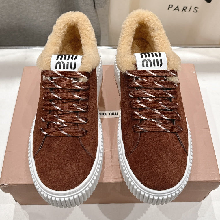 MiuMiu 25 Sneaker Brown Beige Suede Fur 535589