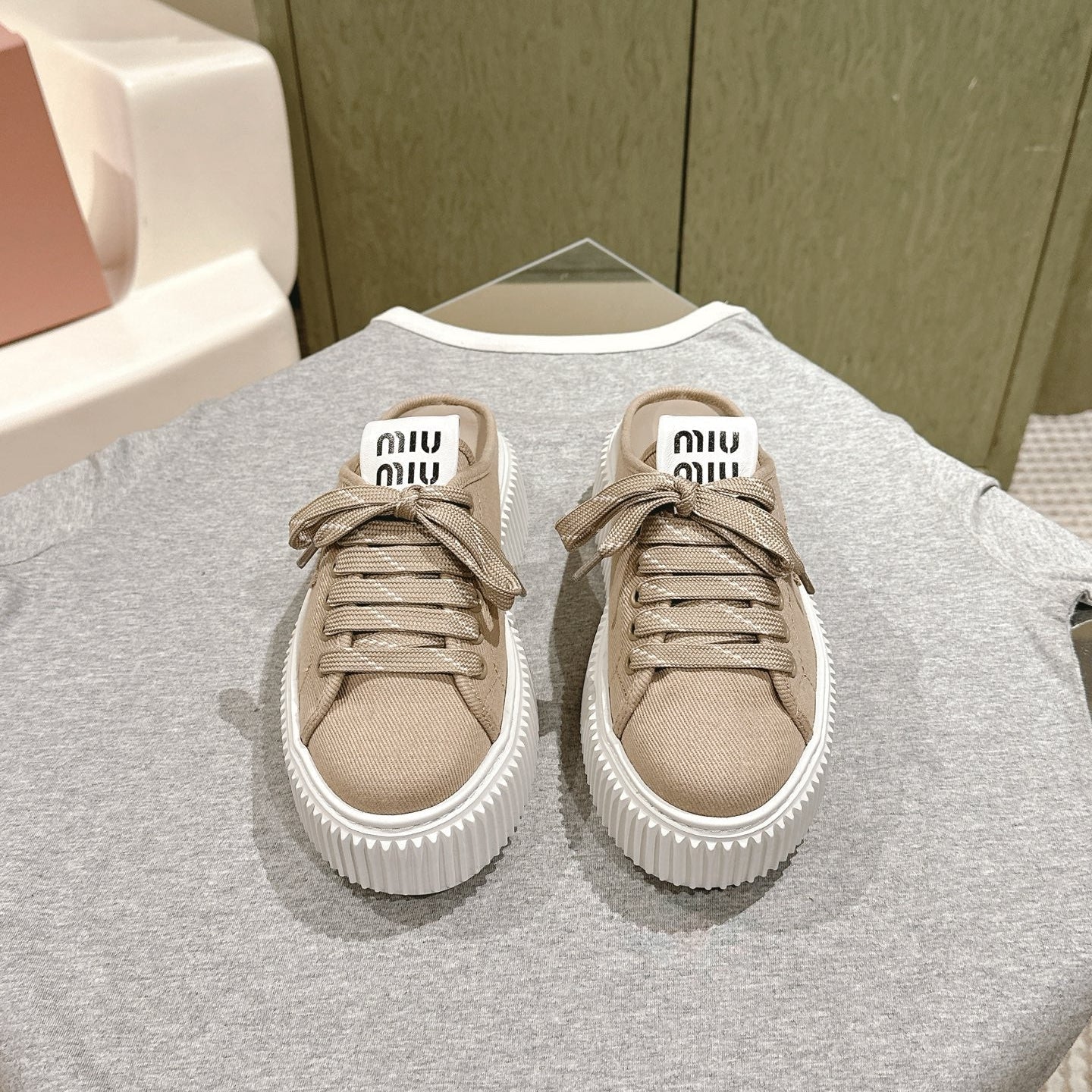 Miu Miu Biscuit Shoes Platform Mules Beige Denim Canvas 532873
