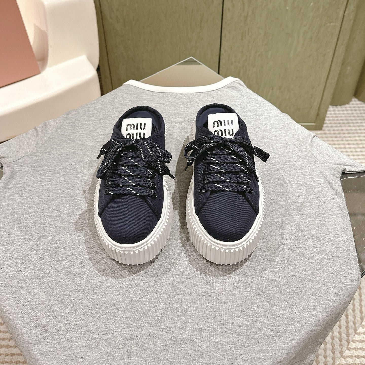 Miu Miu Biscuit Shoes Platform Mules Navy Denim Canvas 532874