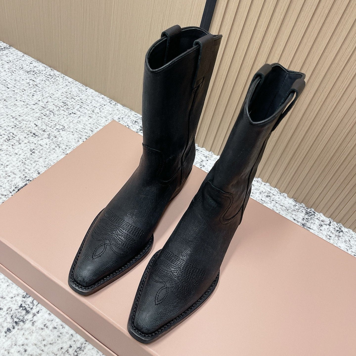 Miumiu Latest FW Western Cowboy Boots Black Genuine Leather 533964