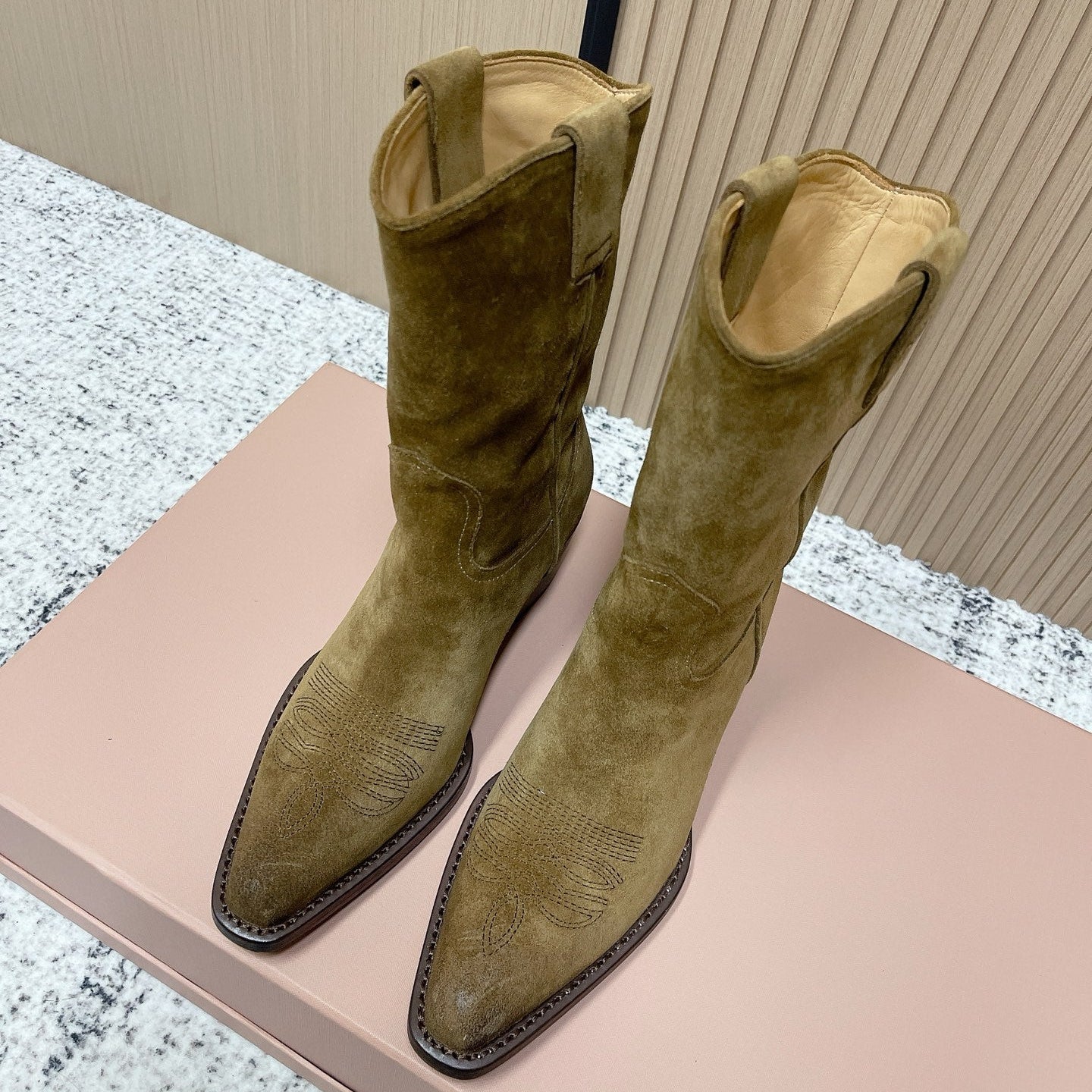 Miumiu Latest FW Western Cowboy Boots Khaki Suede 533966