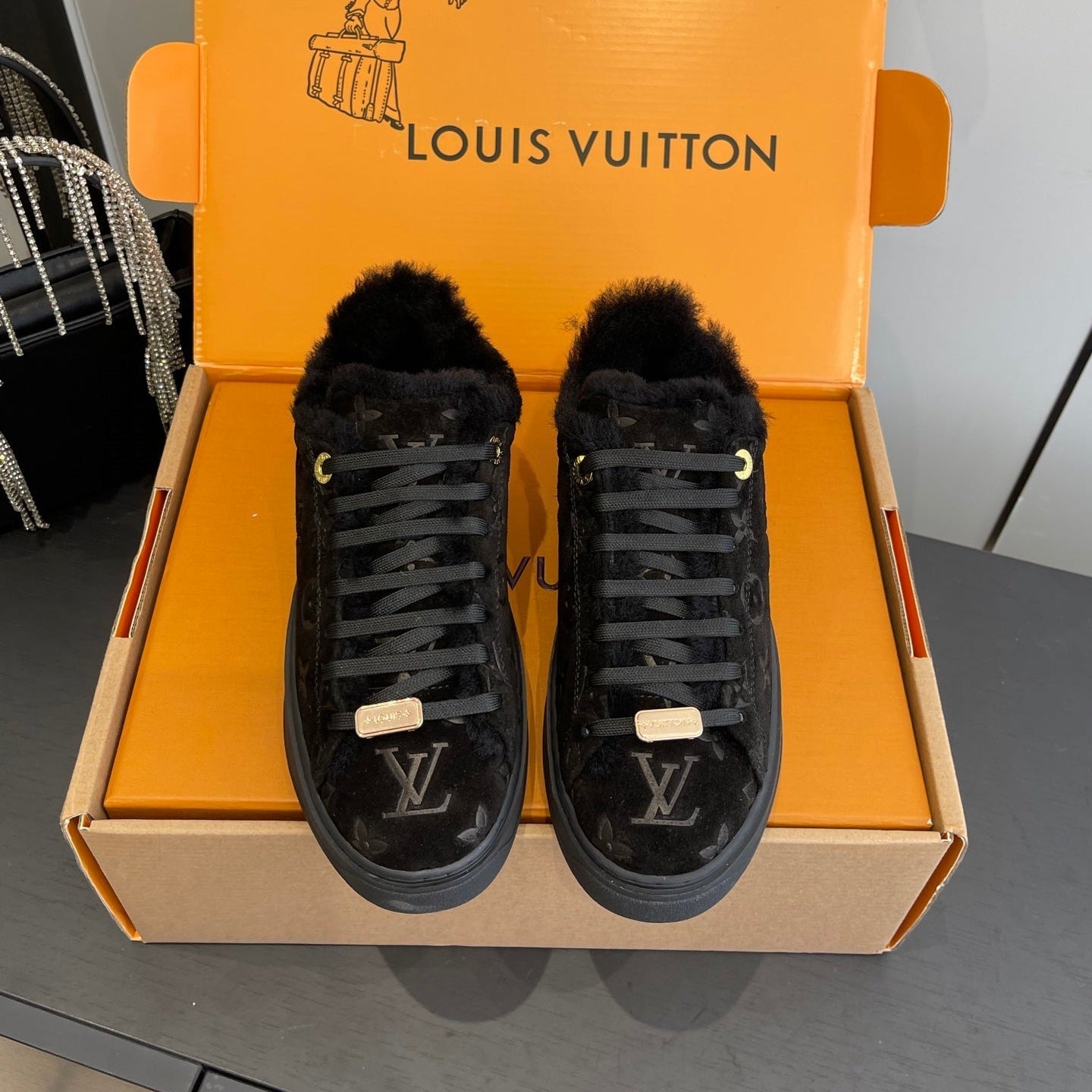 LV Time Out Sneaker 40mm Black Monogram Suede Fleece Lined 533471