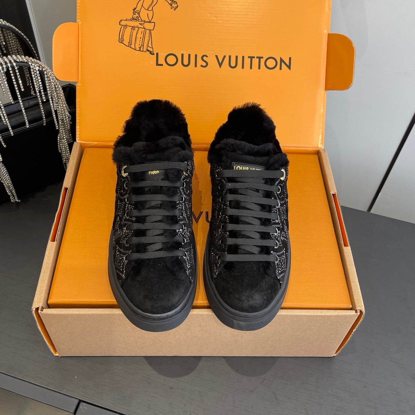 LV Time Out Sneaker 40mm Black Monogram Denim Suede Fleece Lined 533474