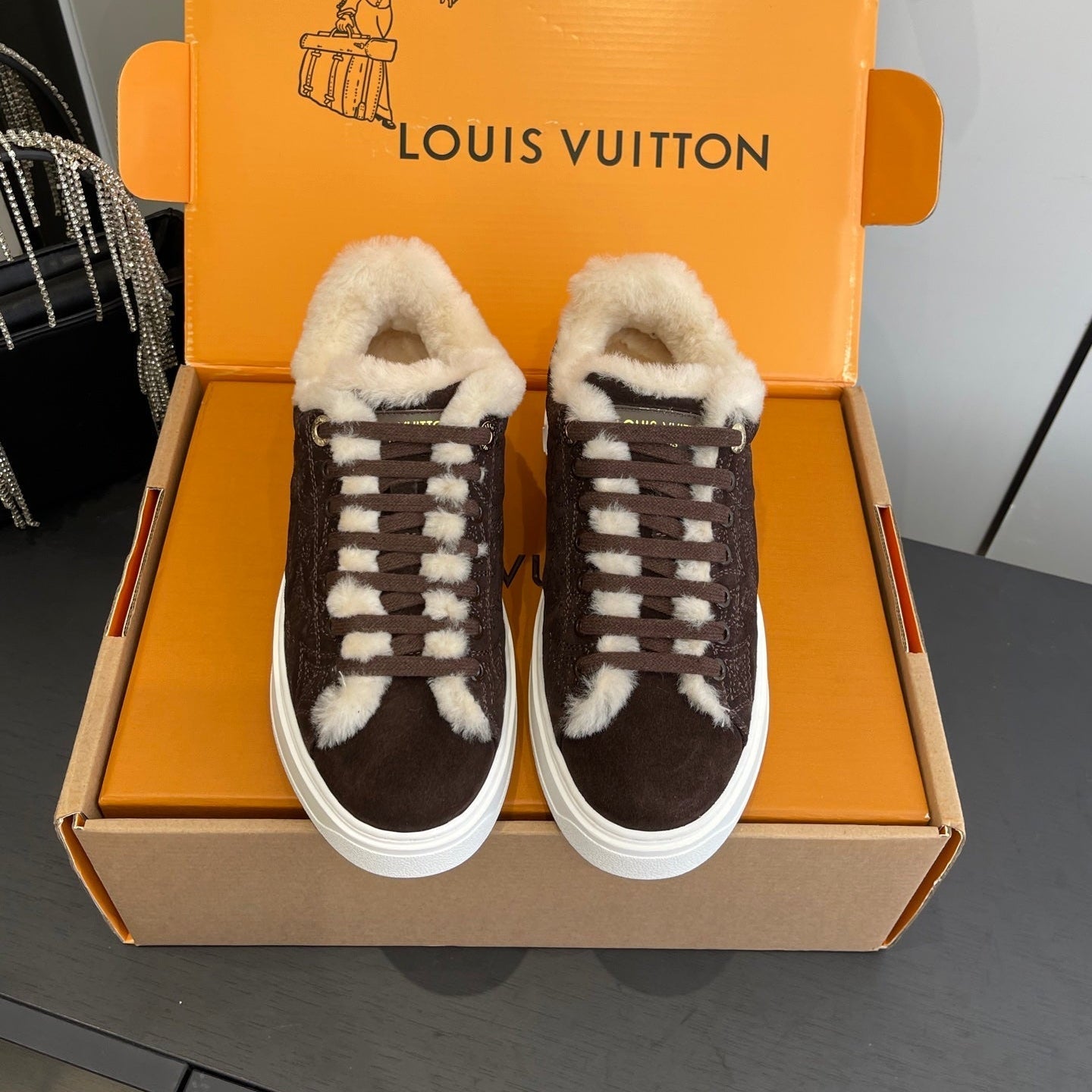 LV Time Out Sneaker 40mm Brown White Monogram Denim Suede Fleece Lined 533475