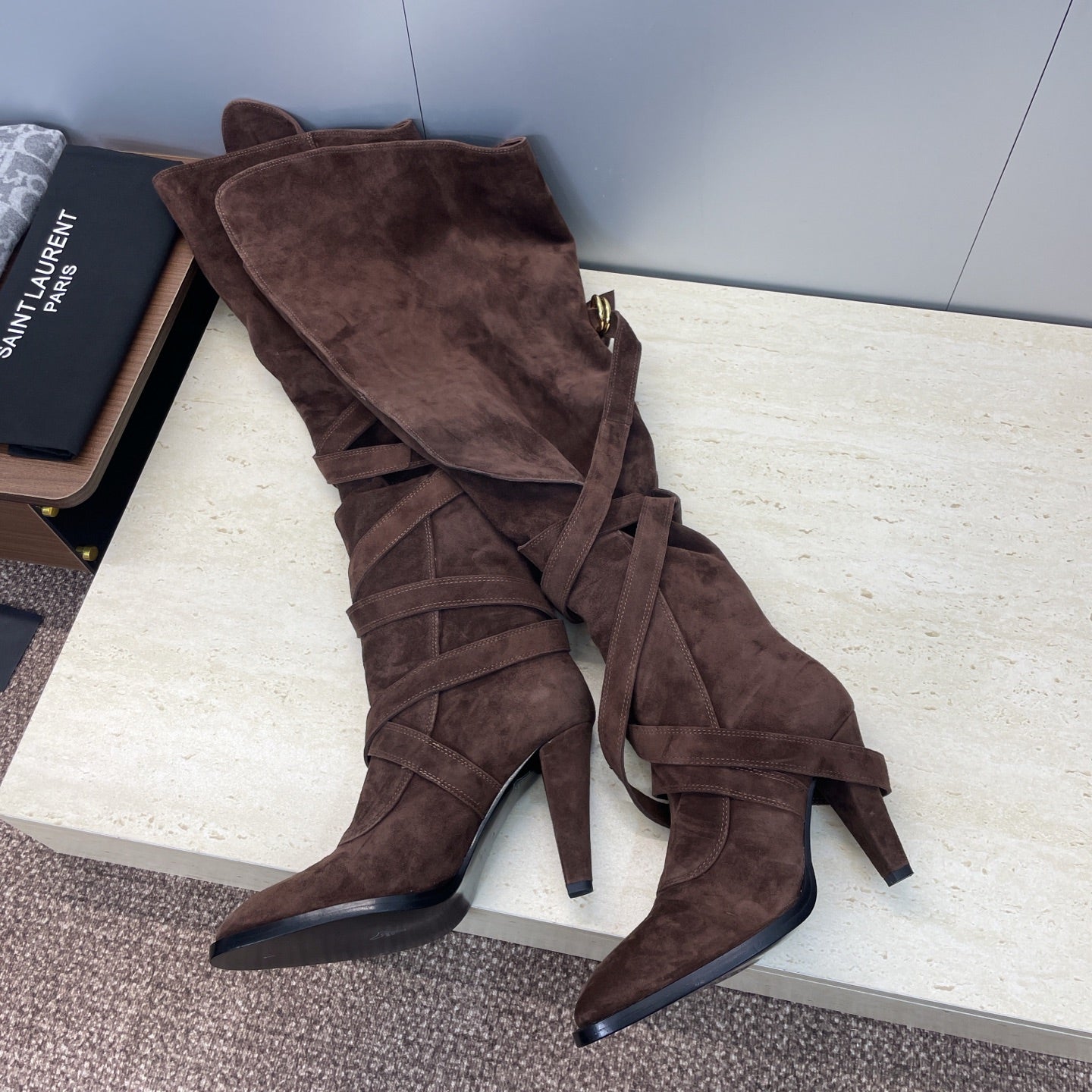 YSL Janis Long Boots 95mm Coffee Suede 551941